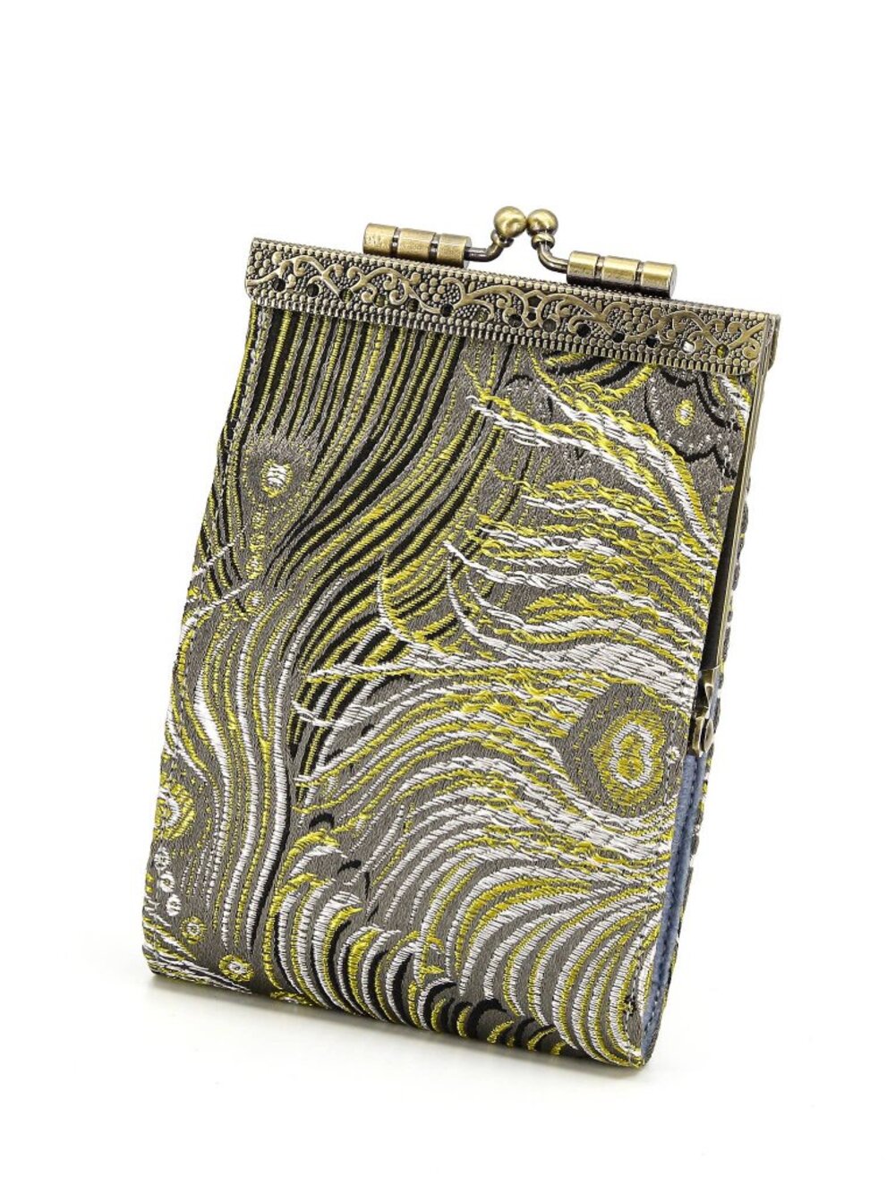 Peacock Brocade RFID Card Holder | Gray & Gold